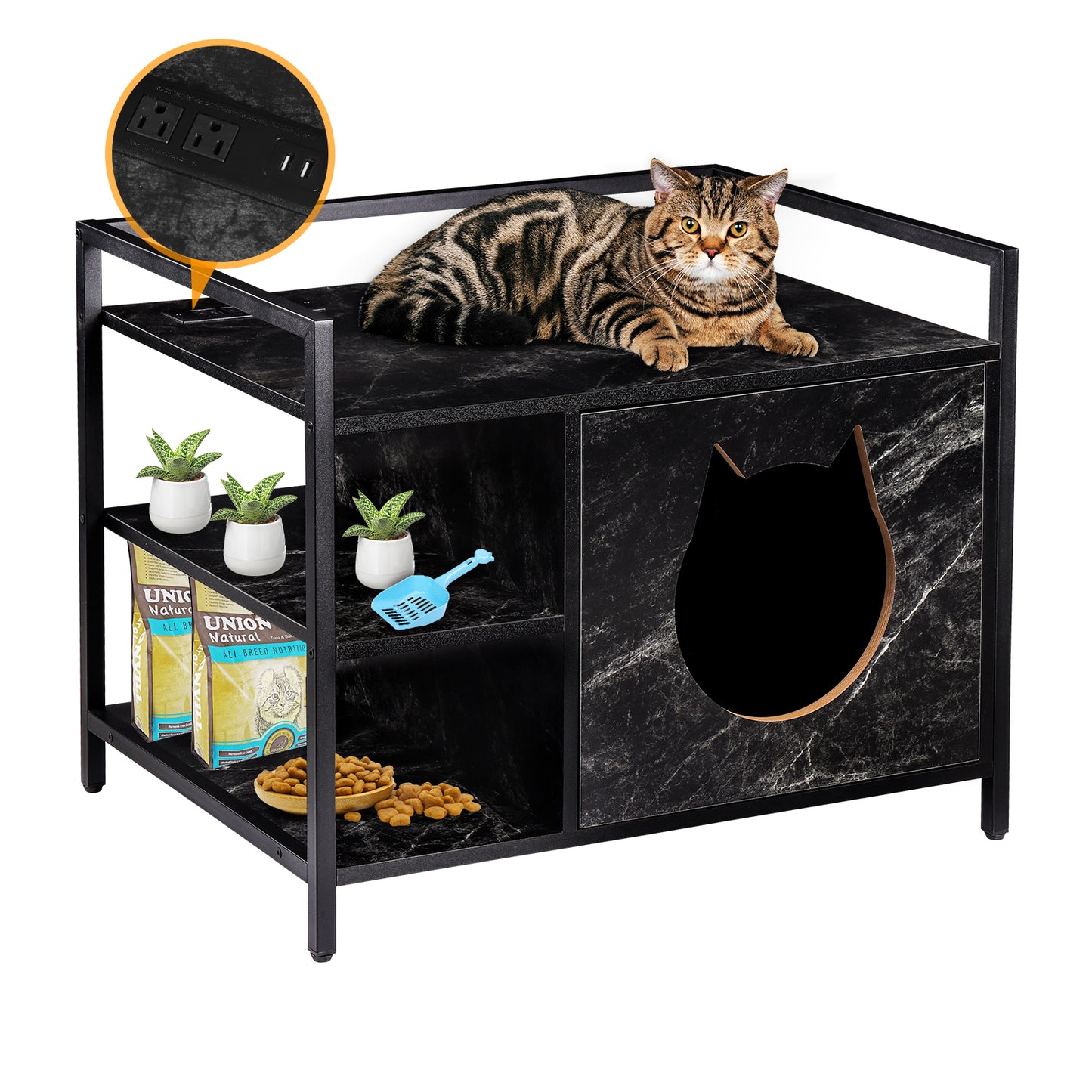TIQTAK Cat Litter Box Furniture Hidden Litterbox Enclosures 2-in-1 Wooden Kitty Litter House Cabinet 2 Tier Side Table with Charging Station