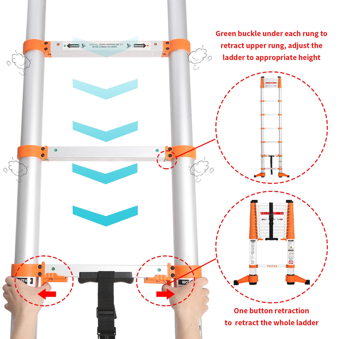 TIQTAK Telescoping Ladder 12.5 FT Aluminum Extension Collapsible Ladder with One-Button Retraction Multi-Purpose Extendable Ladder Portable for Household or RV Work