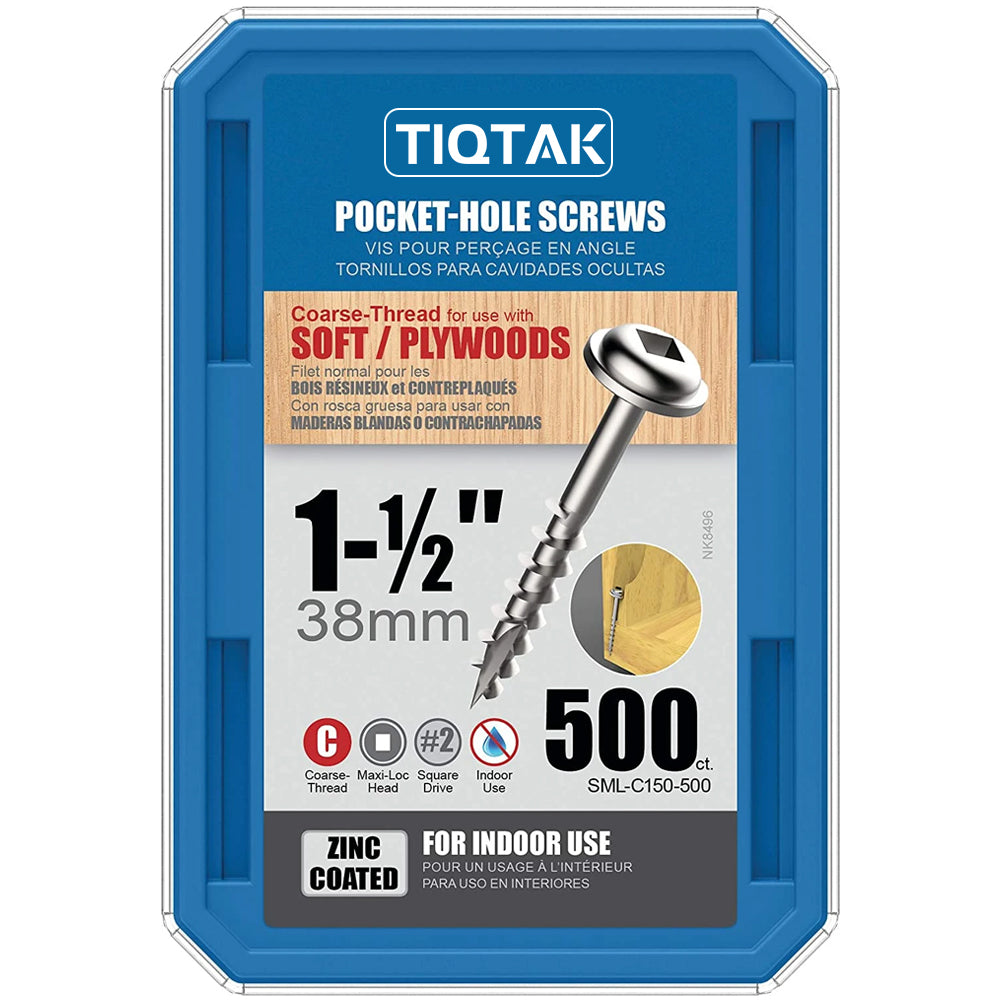 TIQTAK Pocket Hole Screws 1-1/2-Inch #8 Coarse Washer-Head 500ct