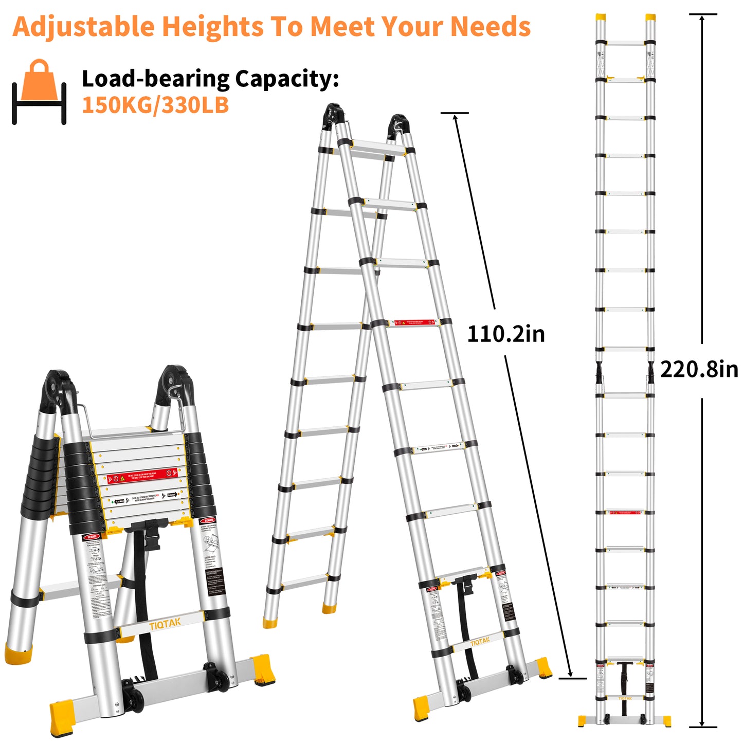 TIQTAK Telescoping Ladder A Frame 18.4 FT Aluminum Extension Collapsible Ladder with Stabilizer Bar Wheels Multi-Purpose Extendable Ladder Portable for Household or RV Work