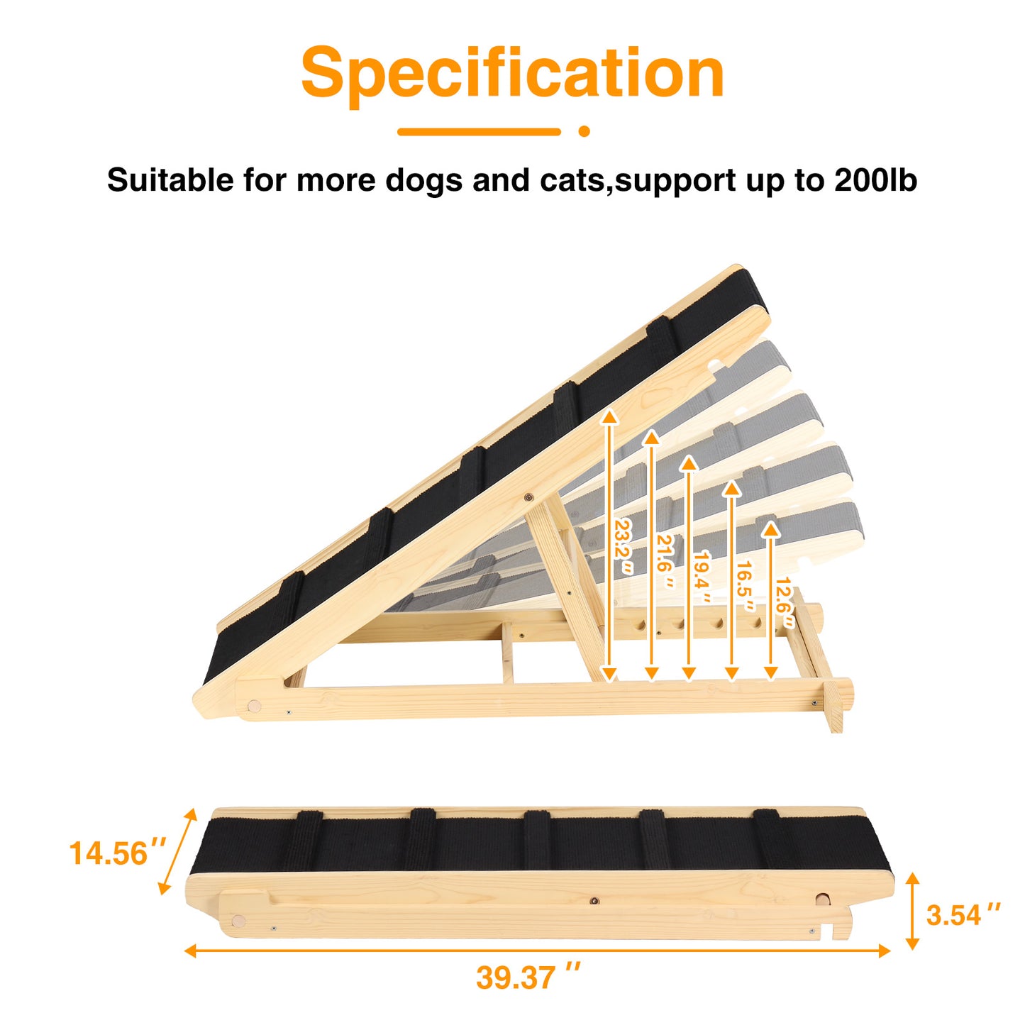 TIQTAK Folding Dog Ramp Adjustable Dog Ramp for Car, Bed, SUV, Couch Wooden Pet Ramp for All Dogs and Cats with Nonslip Paw Traction Mat 40” Long and 5 Layer Height from 12.6” to 23.2"
