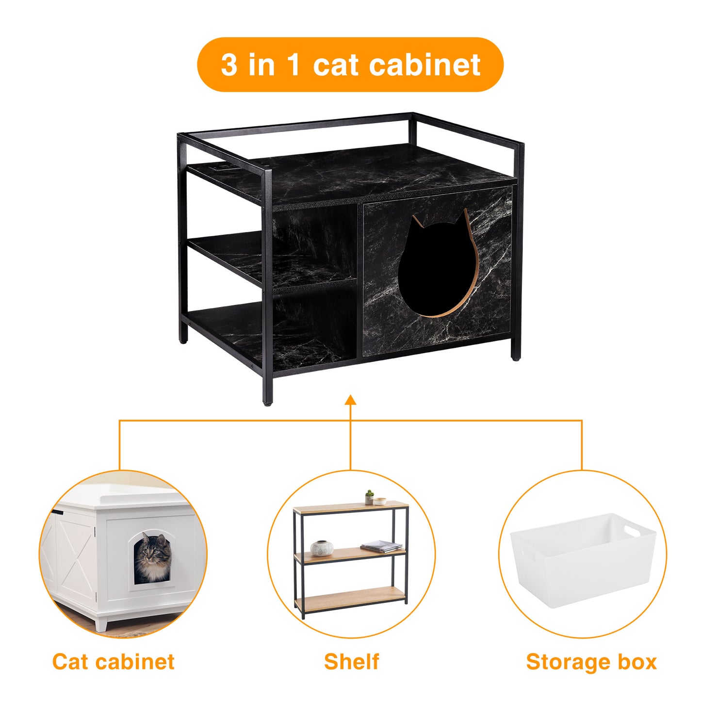 TIQTAK Cat Litter Box Furniture Hidden Litterbox Enclosures 2-in-1 Wooden Kitty Litter House Cabinet 2 Tier Side Table with Charging Station
