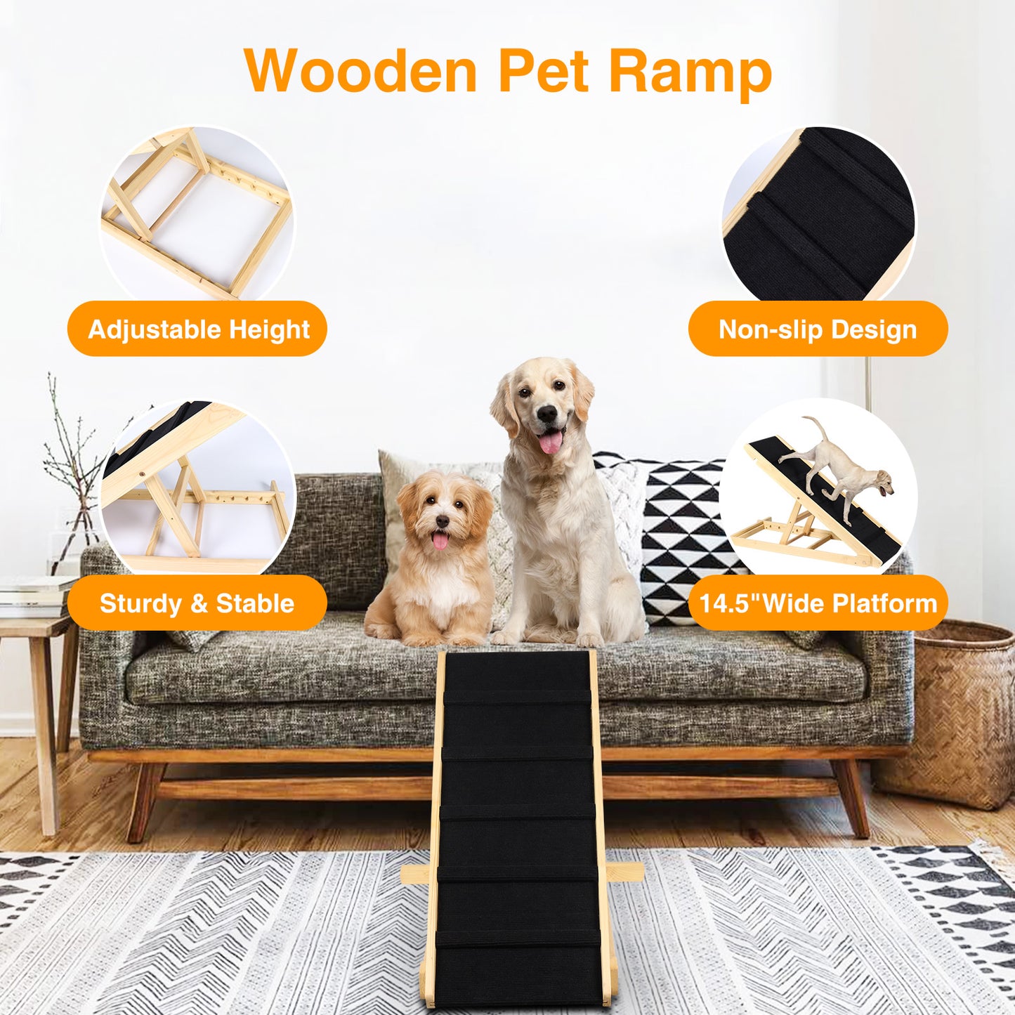 TIQTAK Folding Dog Ramp Adjustable Dog Ramp for Car, Bed, SUV, Couch Wooden Pet Ramp for All Dogs and Cats with Nonslip Paw Traction Mat 40” Long and 5 Layer Height from 12.6” to 23.2"