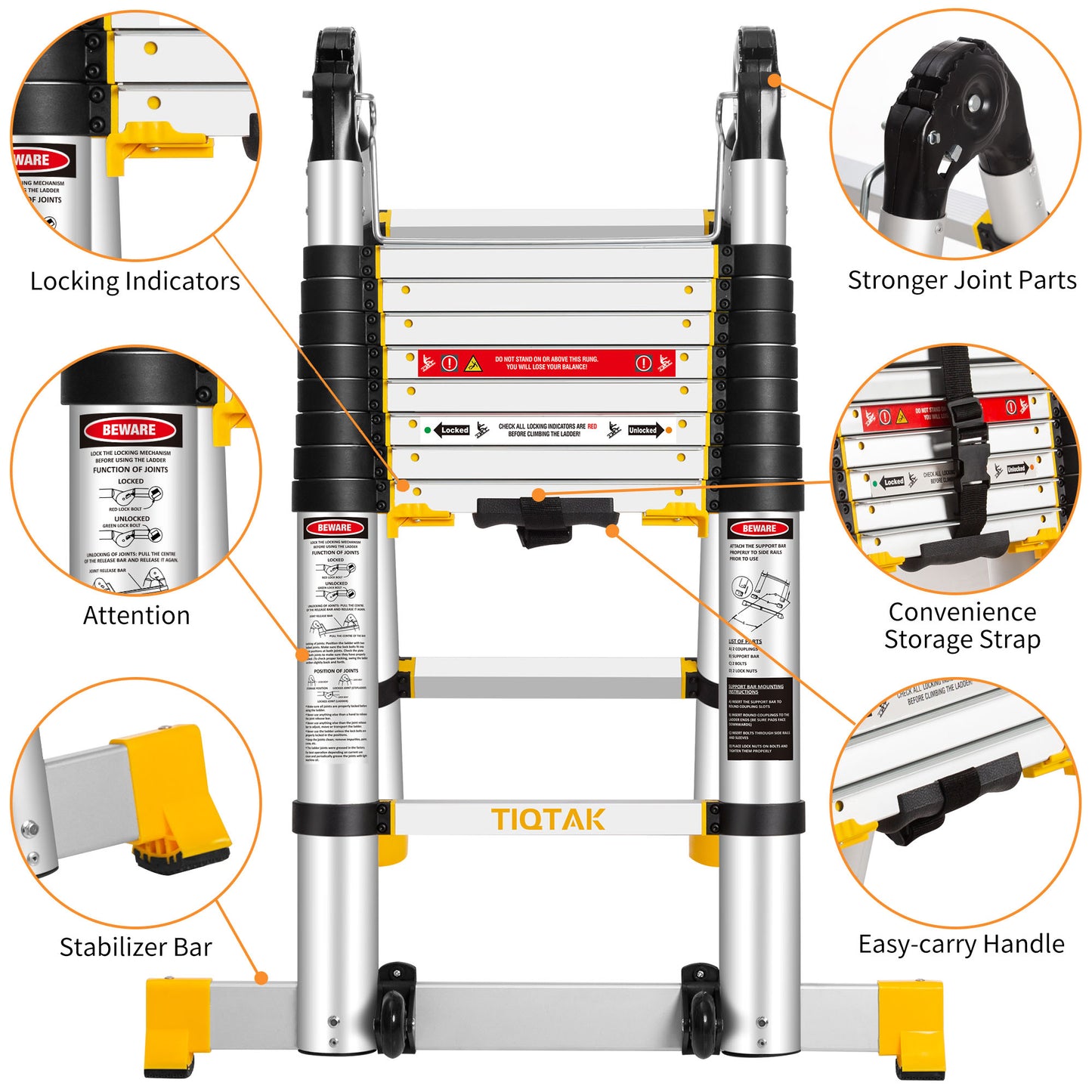 TIQTAK Telescoping Ladder A Frame 18.4 FT Aluminum Extension Collapsible Ladder with Stabilizer Bar Wheels Multi-Purpose Extendable Ladder Portable for Household or RV Work