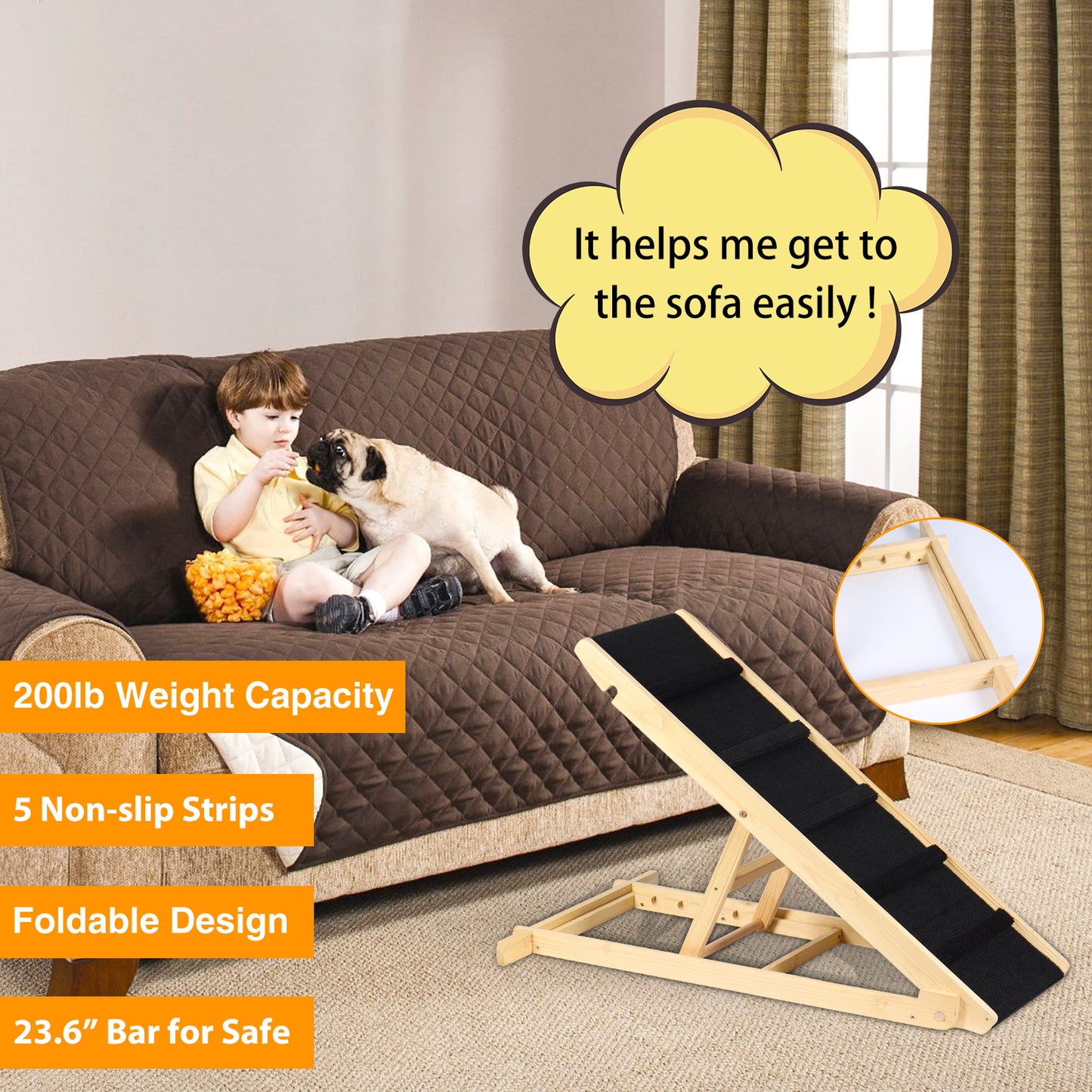 TIQTAK Folding Dog Ramp Adjustable Dog Ramp for Car, Bed, SUV, Couch Wooden Pet Ramp for All Dogs and Cats with Nonslip Paw Traction Mat 40” Long and 5 Layer Height from 12.6” to 23.2"