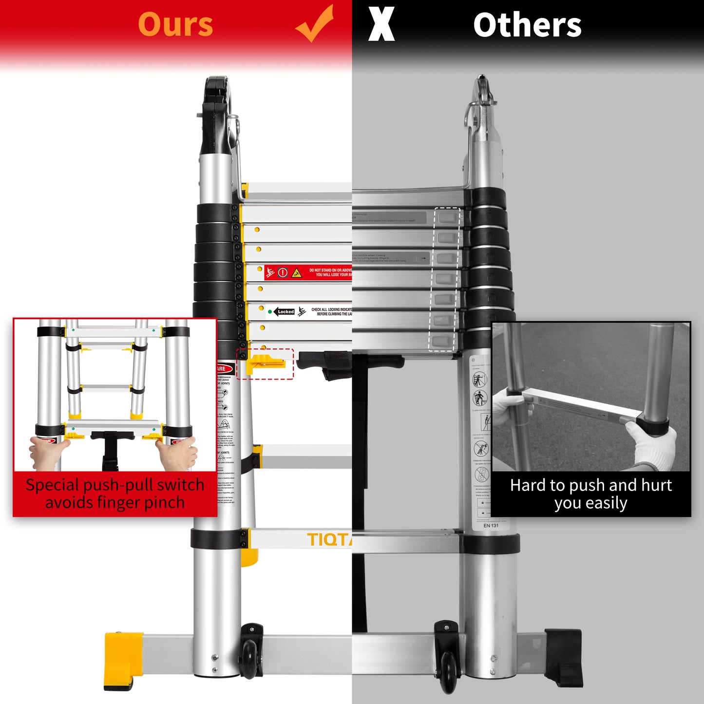 TIQTAK Telescoping Ladder A Frame 18.4 FT Aluminum Extension Collapsible Ladder with Stabilizer Bar Wheels Multi-Purpose Extendable Ladder Portable for Household or RV Work