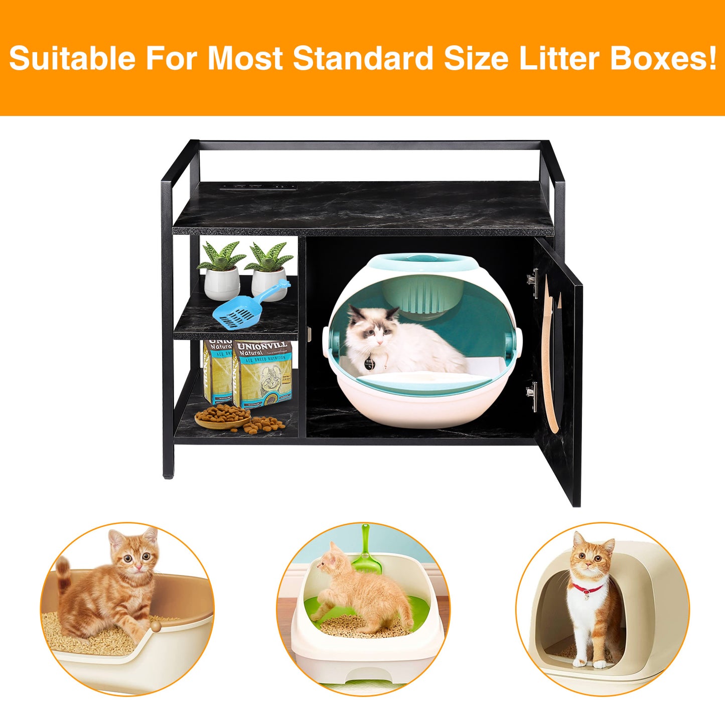 TIQTAK Cat Litter Box Furniture Hidden Litterbox Enclosures 2-in-1 Wooden Kitty Litter House Cabinet 2 Tier Side Table with Charging Station