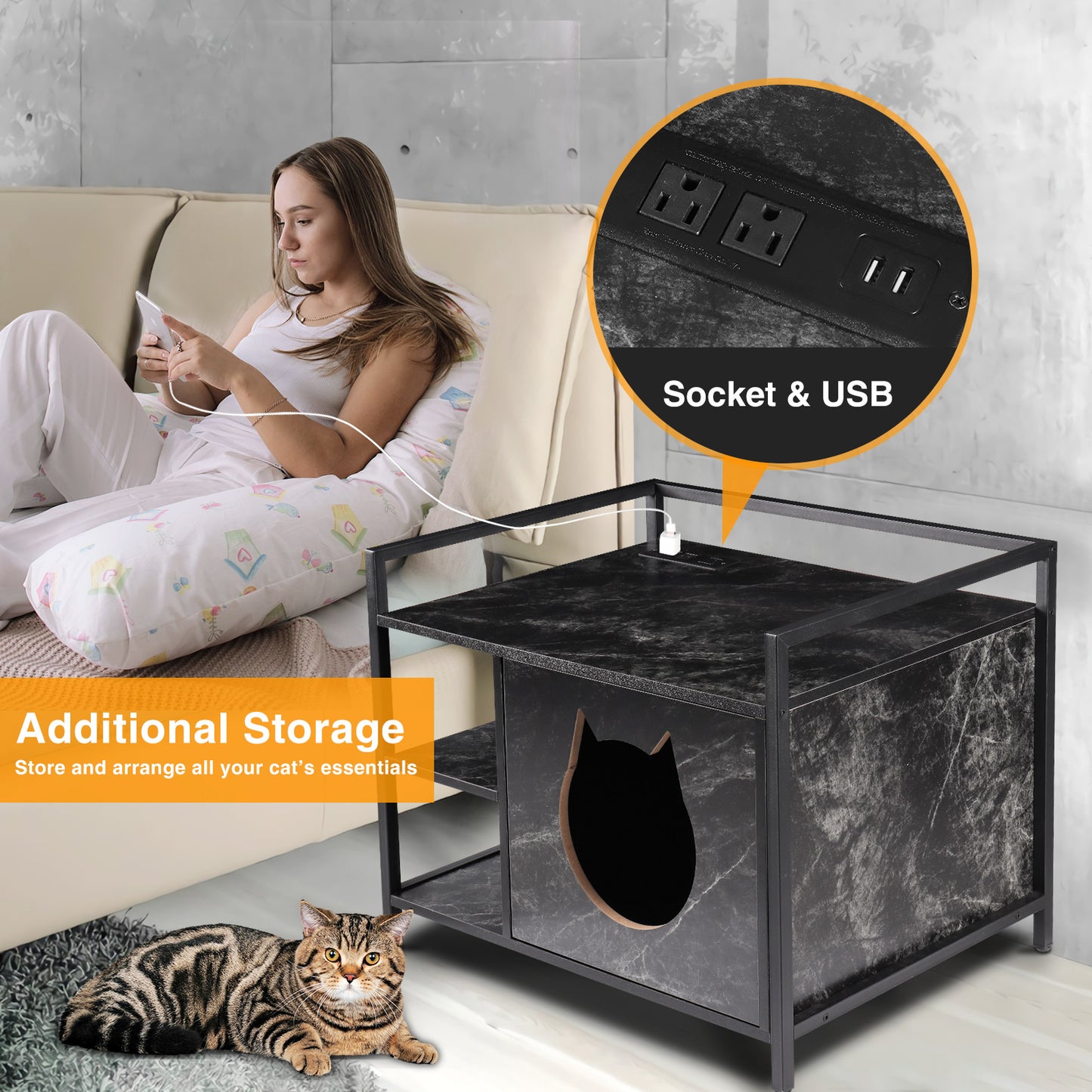 TIQTAK Cat Litter Box Furniture Hidden Litterbox Enclosures 2-in-1 Wooden Kitty Litter House Cabinet 2 Tier Side Table with Charging Station