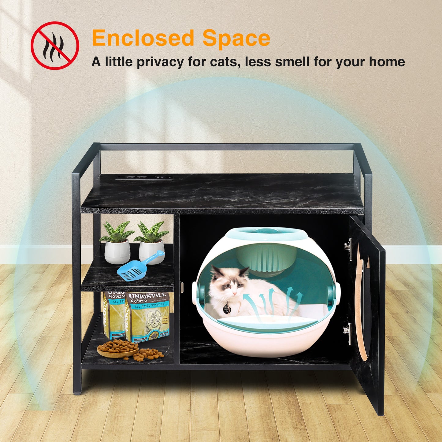TIQTAK Cat Litter Box Furniture Hidden Litterbox Enclosures 2-in-1 Wooden Kitty Litter House Cabinet 2 Tier Side Table with Charging Station