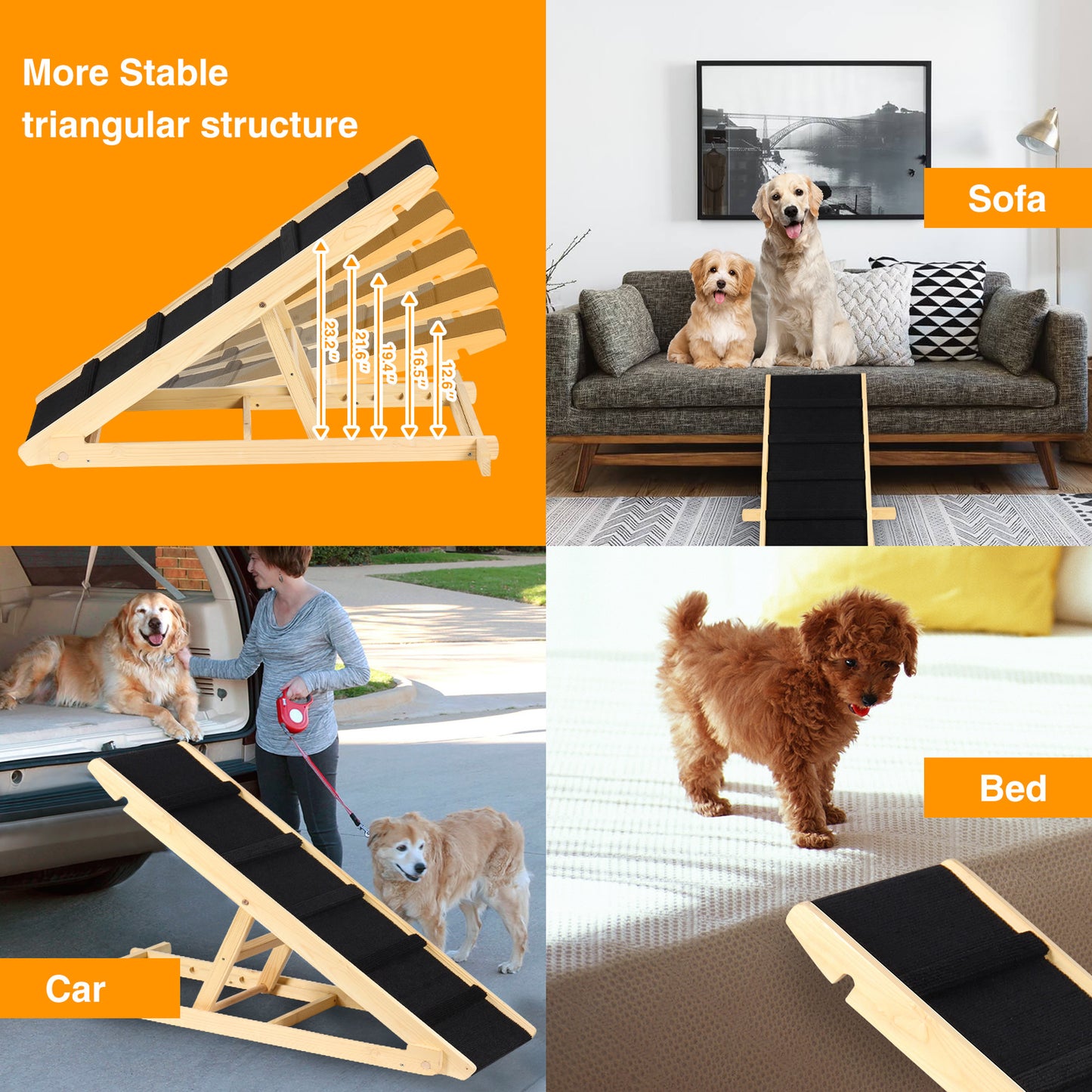 TIQTAK Folding Dog Ramp Adjustable Dog Ramp for Car, Bed, SUV, Couch Wooden Pet Ramp for All Dogs and Cats with Nonslip Paw Traction Mat 40” Long and 5 Layer Height from 12.6” to 23.2"