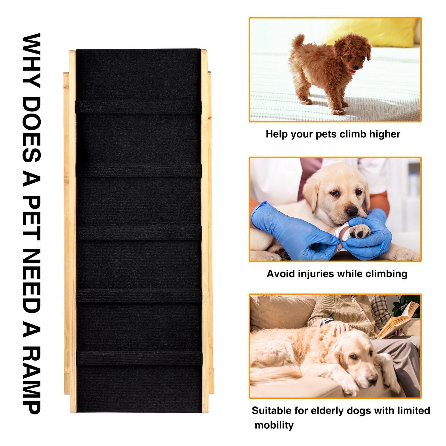 TIQTAK Folding Dog Ramp Adjustable Dog Ramp for Car, Bed, SUV, Couch Wooden Pet Ramp for All Dogs and Cats with Nonslip Paw Traction Mat 40” Long and 5 Layer Height from 12.6” to 23.2"