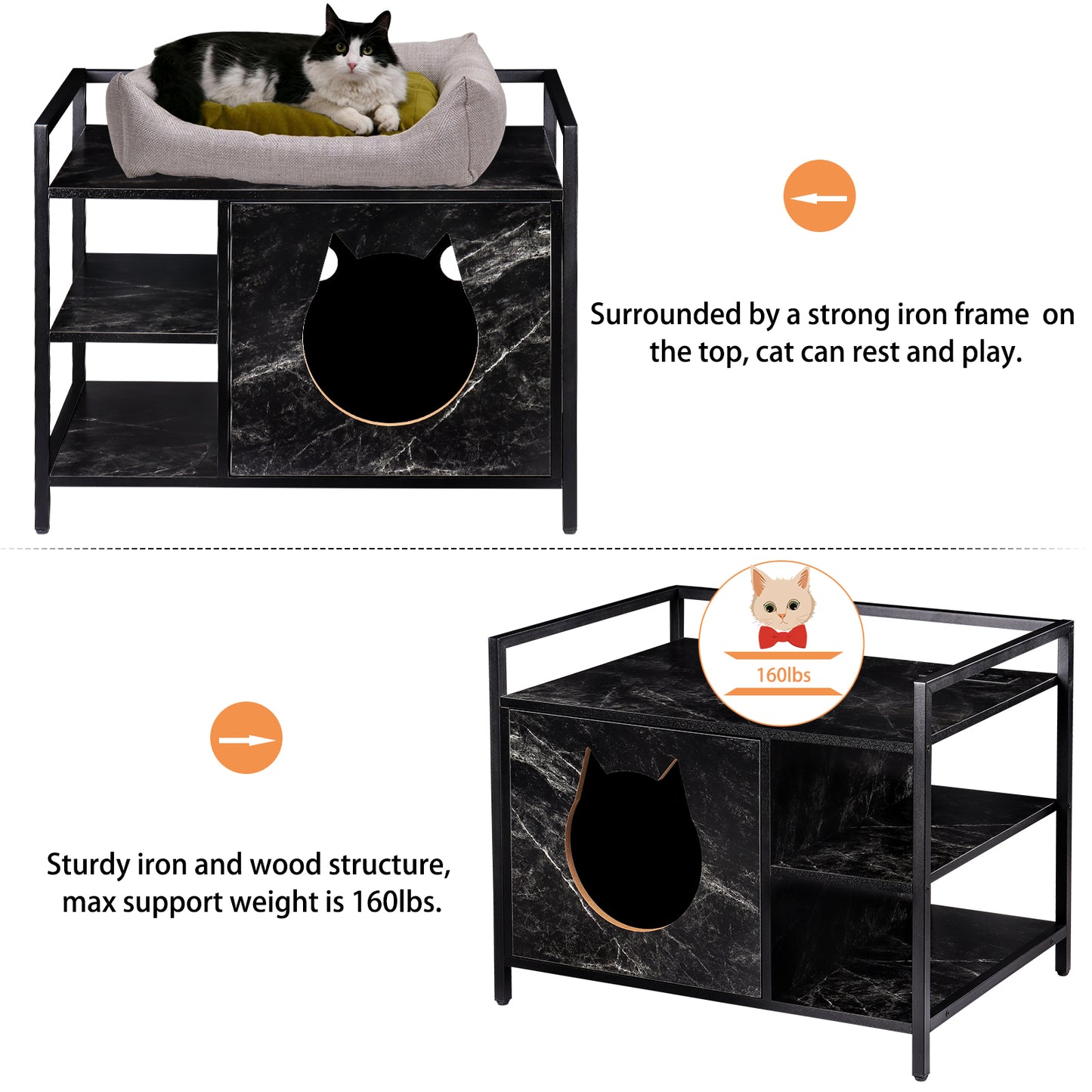 TIQTAK Cat Litter Box Furniture Hidden Litterbox Enclosures 2-in-1 Wooden Kitty Litter House Cabinet 2 Tier Side Table with Charging Station