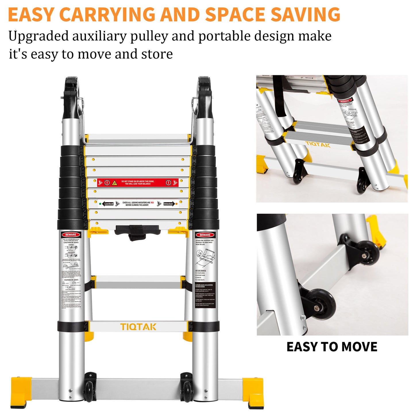 TIQTAK Telescoping Ladder A Frame 18.4 FT Aluminum Extension Collapsible Ladder with Stabilizer Bar Wheels Multi-Purpose Extendable Ladder Portable for Household or RV Work
