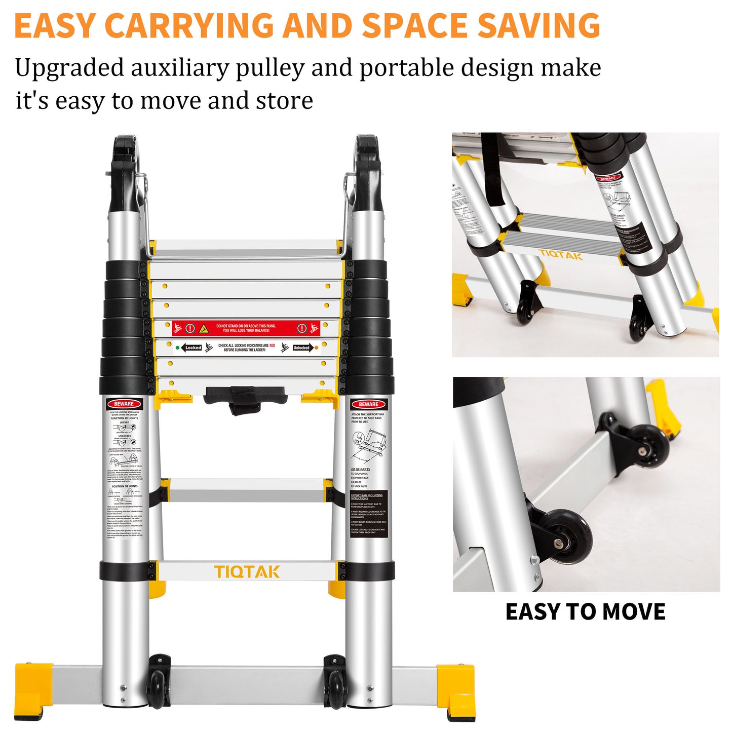 TIQTAK Telescoping Ladder A Frame 16.5 FT Aluminum Extension Collapsible Ladder with Stabilizer Bar Wheels Multi-Purpose Extendable Ladder Portable for Household or RV Work