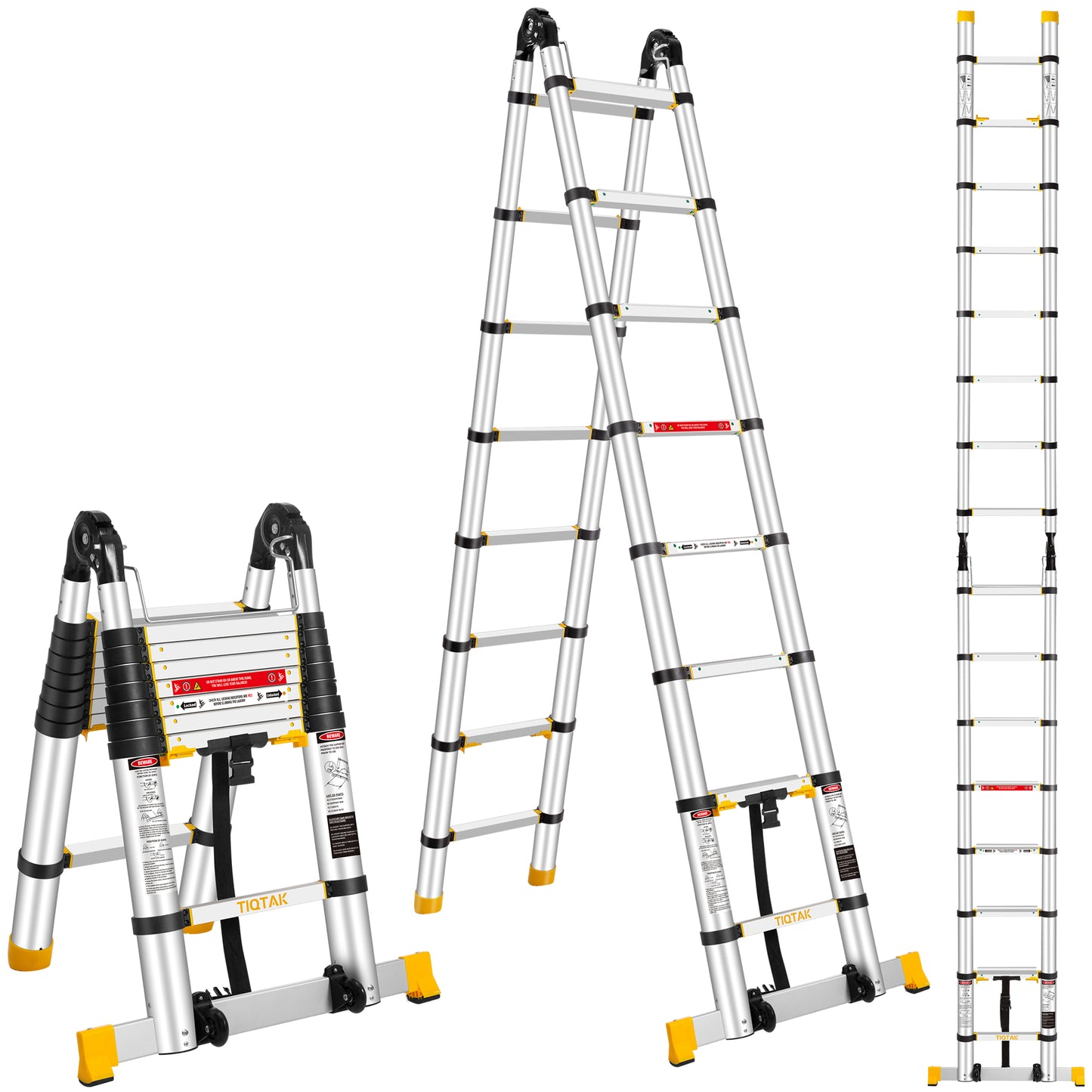 TIQTAK Telescoping Ladder A Frame 16.5 FT Aluminum Extension Collapsible Ladder with Stabilizer Bar Wheels Multi-Purpose Extendable Ladder Portable for Household or RV Work