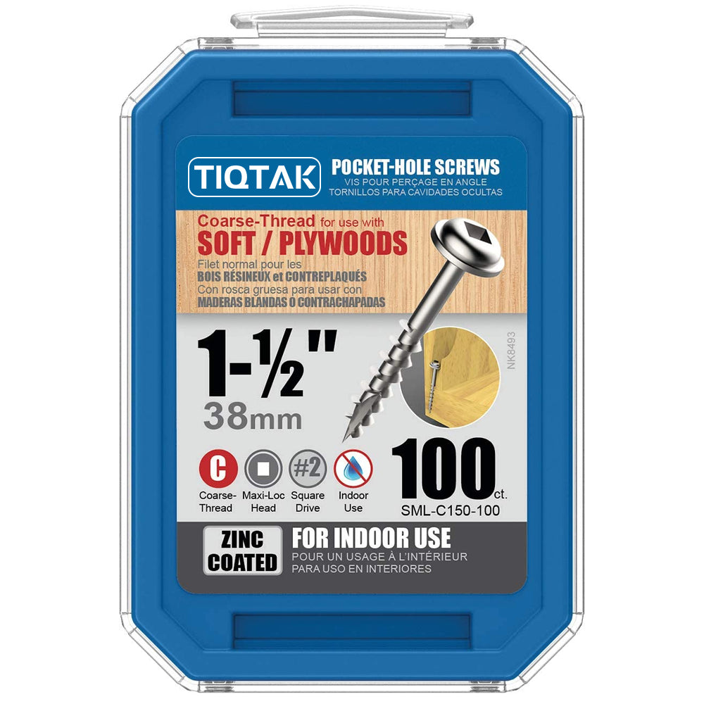 TIQTAK Pocket Screws, 1-1/2" #8 Coarse-Thread, Washer-Head (100 Count)