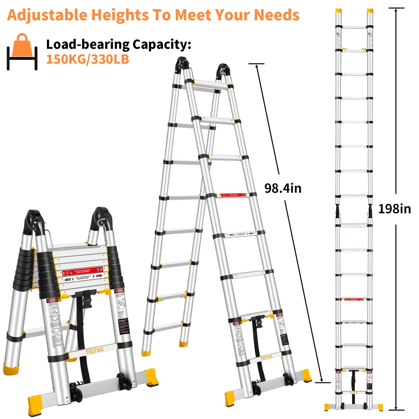 TIQTAK Telescoping Ladder A Frame 16.5 FT Aluminum Extension Collapsible Ladder with Stabilizer Bar Wheels Multi-Purpose Extendable Ladder Portable for Household or RV Work