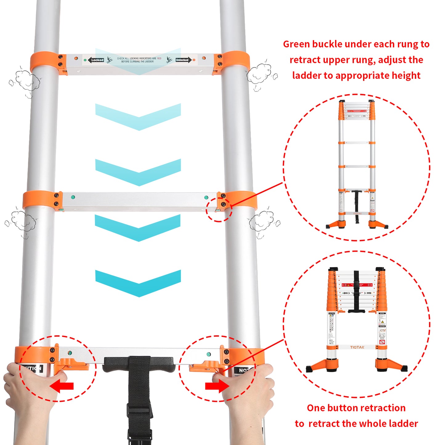 TIQTAK Telescoping Attic Ladder 10.5 FT Aluminum Extension Collapsible Ladder with One-Button Retraction Multi-Purpose Extendable Telescopic Ladder Portable for Household or RV Work