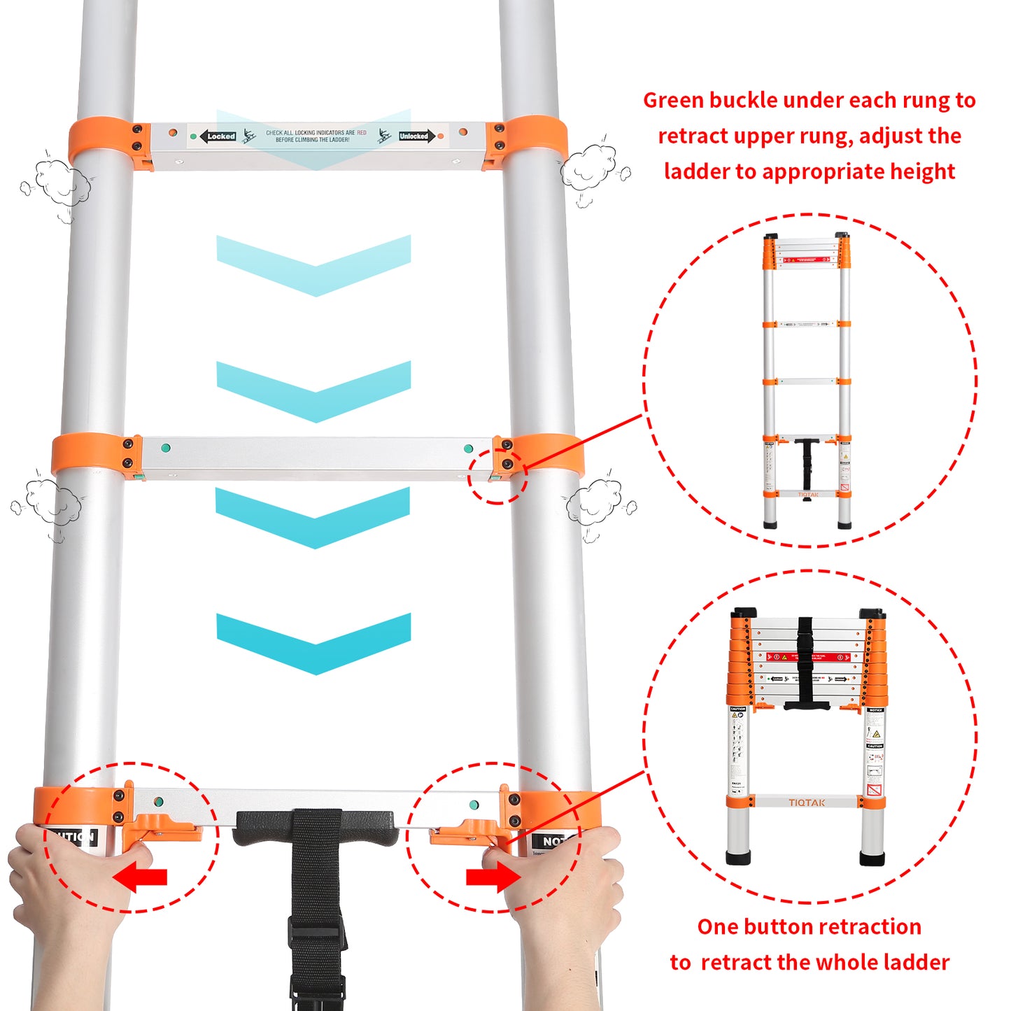 TIQTAK Telescoping Attic Ladder 8.5 FT Aluminum Extension Collapsible Ladder with One-Button Retraction Multi-Purpose Extendable Telescopic Ladder Portable for Household or RV Work