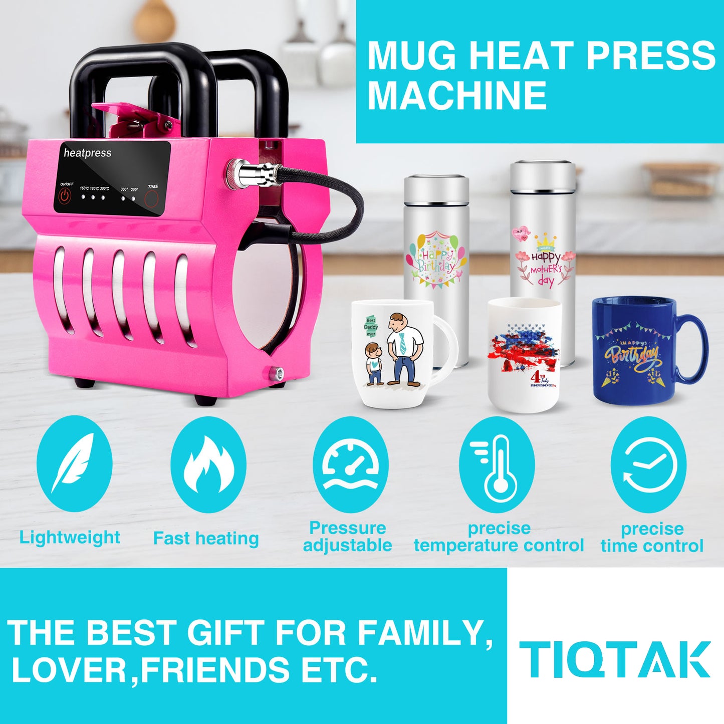 TIQTAK Mug Sublimation Heat Press Machine 110V Mini Cup Press Machine 11-15 OZ Customized Coffee Mugs 16 OZ Skinny Straight Tumblers Heat Transfer Sublimation Machine
