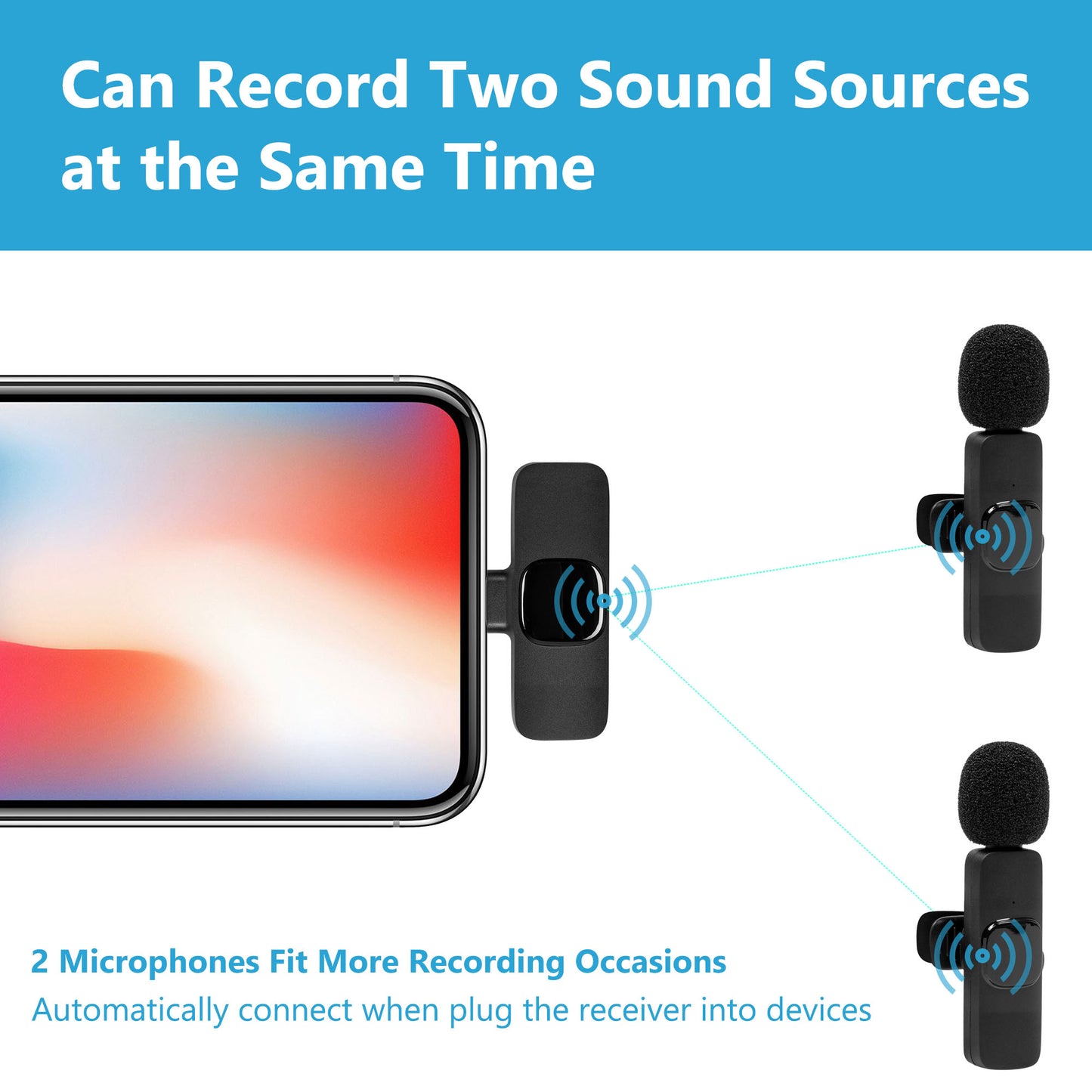 2Pcs Wireless Lavalier Microphone for iPhone iPad, Plug-Play Wireless Mic with Noise Reduction Auto-sync Lapel Microphone for Recording, Live Streaming, TikTok, YouTube, Facebook