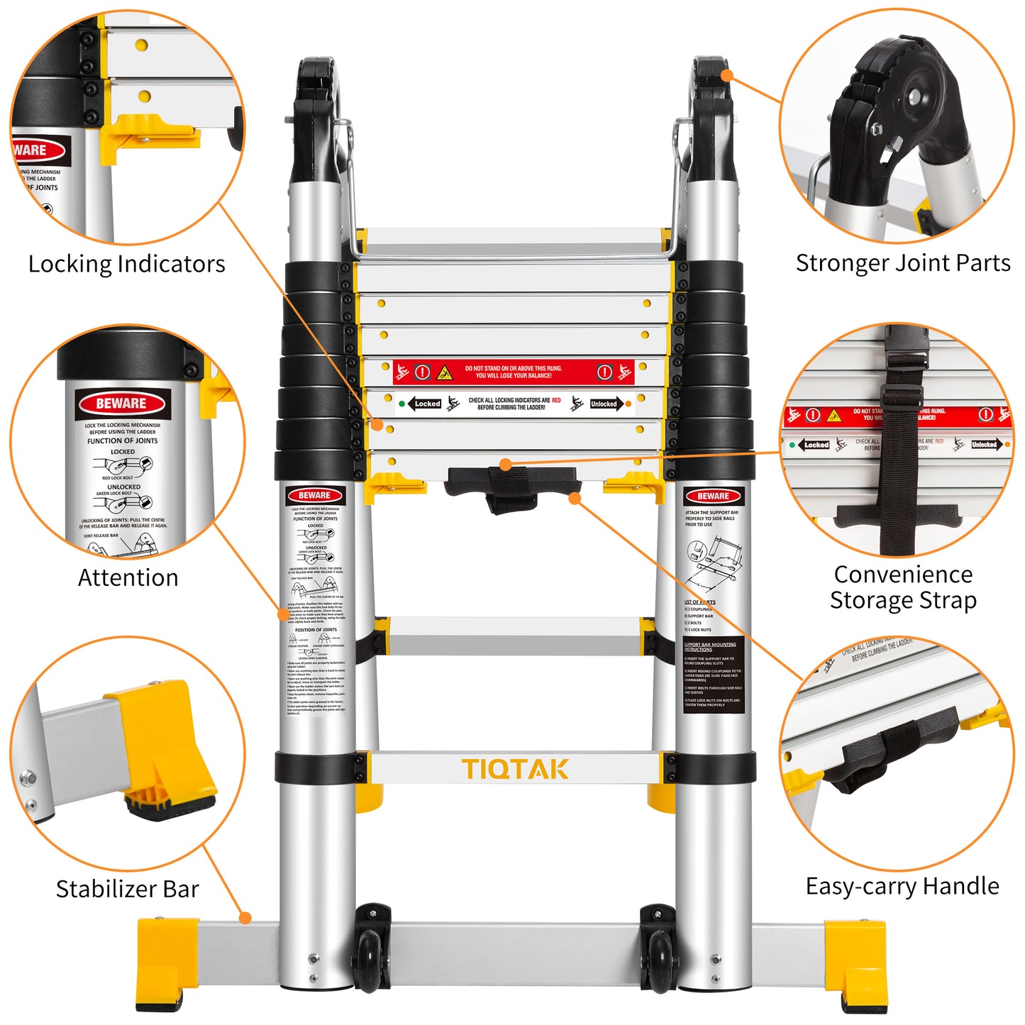 TIQTAK Telescoping Ladder A Frame 16.5 FT Aluminum Extension Collapsible Ladder with Stabilizer Bar Wheels Multi-Purpose Extendable Ladder Portable for Household or RV Work