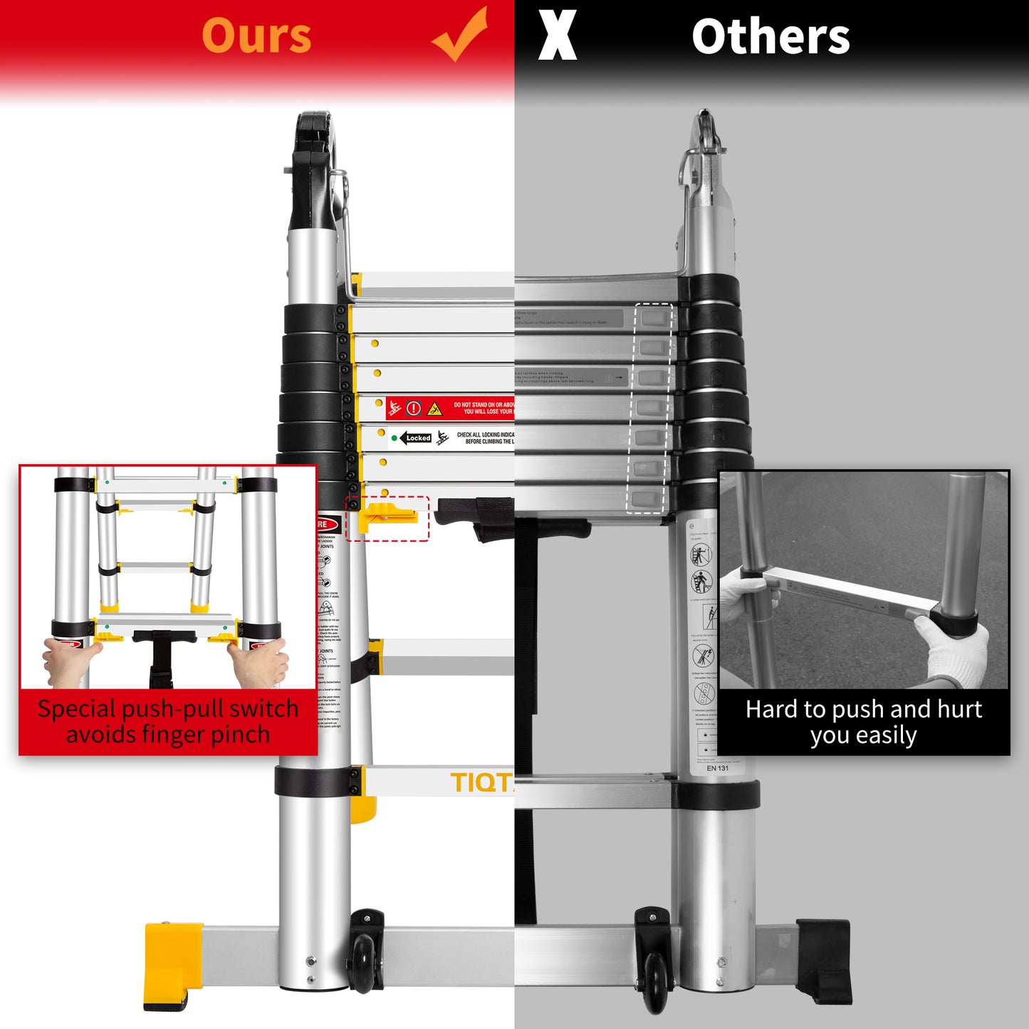 TIQTAK Telescoping Ladder A Frame 16.5 FT Aluminum Extension Collapsible Ladder with Stabilizer Bar Wheels Multi-Purpose Extendable Ladder Portable for Household or RV Work